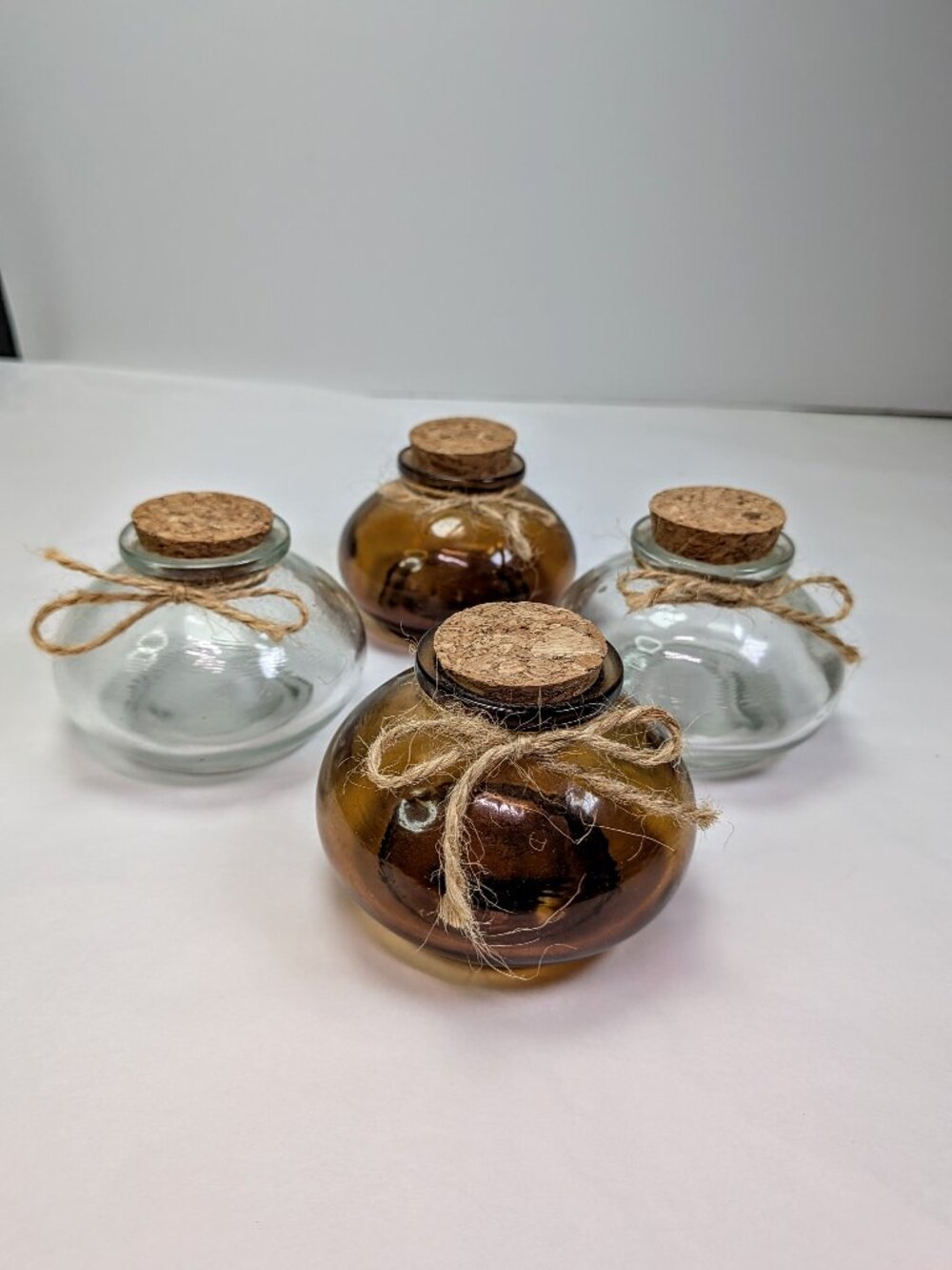 Set of 4 Couronne Co Glass Potion Apothecary Jars Cork Stoppers Amber & Clear